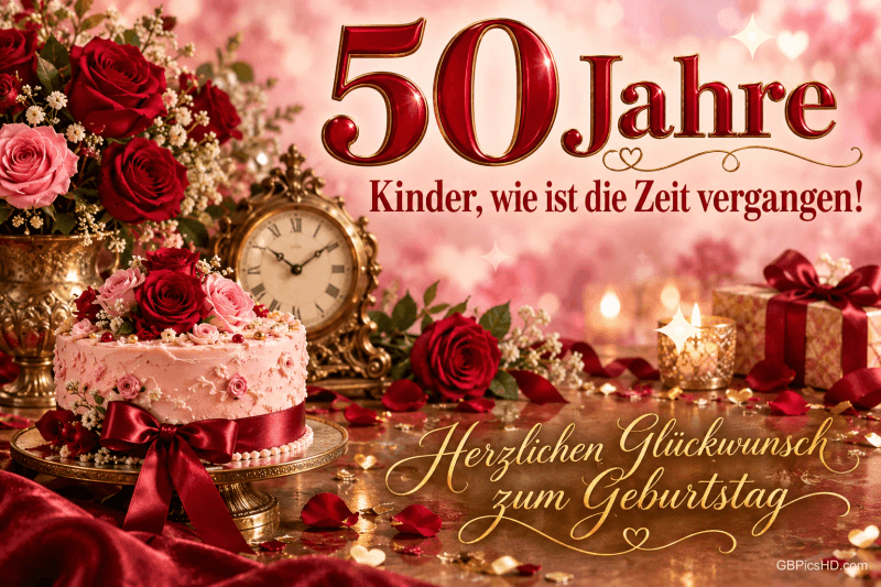 Eine rosa Rosentorte, eine goldene Uhr und Geschenke stehen unter "50 Jahre" und "Herzlichen Glückwunsch zum Geburtstag" auf rosa Grund. Eine rosa Rosentorte, eine goldene Uhr und Geschenke stehen unter "50 Jahre" und "Herzlichen Glückwunsch zum Geburtstag" auf rosa Grund.