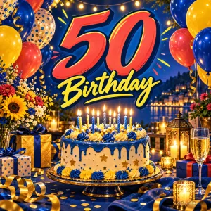 Eine Torte mit brennenden Kerzen steht zwischen Ballons und Geschenken unter der großen Aufschrift "50. Geburtstag".