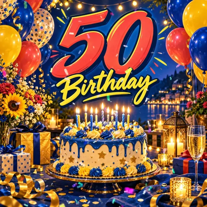 Eine Torte mit brennenden Kerzen steht zwischen Ballons und Geschenken unter der großen Aufschrift "50. Geburtstag".