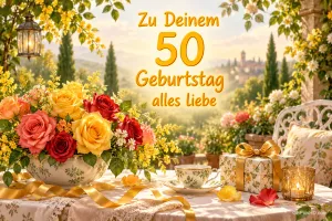 Rosen, eine Teetasse und ein Geschenk schmücken einen Gartentisch unter "Zu Deinem 50. Geburtstag alles Liebe".