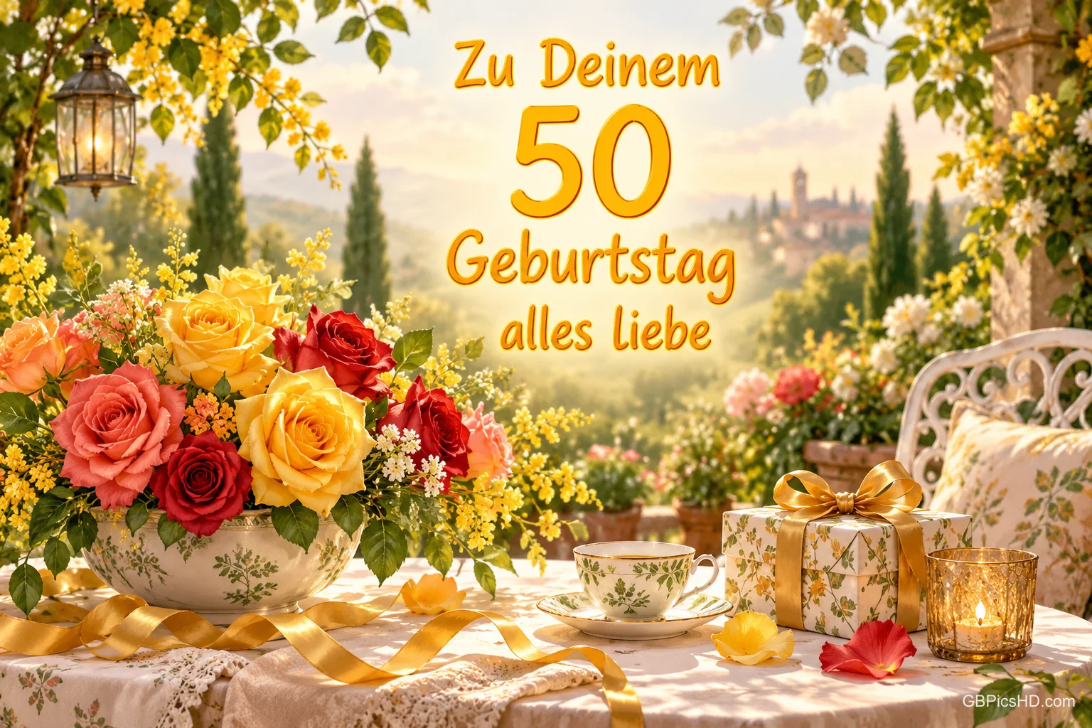 Rosen, eine Teetasse und ein Geschenk schmücken einen Gartentisch unter "Zu Deinem 50. Geburtstag alles Liebe". Rosen, eine Teetasse und ein Geschenk schmücken einen Gartentisch unter "Zu Deinem 50. Geburtstag alles Liebe".