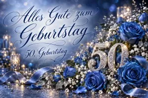 Blaue Rosen, eine silberne 50 und Kerzen mit dem Gruß "Alles Gute zum Geburtstag 50. Geburtstag".