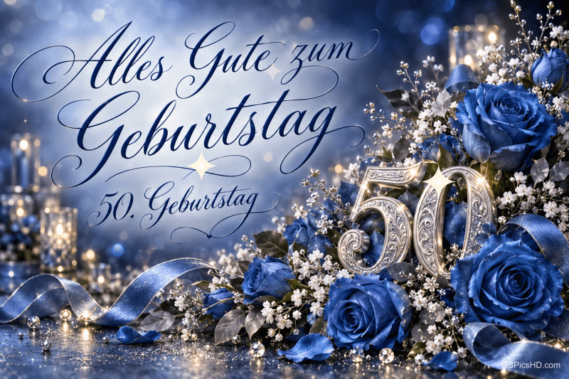Blaue Rosen, eine silberne 50 und Kerzen mit dem Gruß "Alles Gute zum Geburtstag 50. Geburtstag". Blaue Rosen, eine silberne 50 und Kerzen mit dem Gruß "Alles Gute zum Geburtstag 50. Geburtstag".
