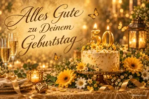 Torte mit brennenden 50-Kerzen, gelbe Blumen und Schmetterlinge mit "Alles Gute zu Deinem Geburtstag".