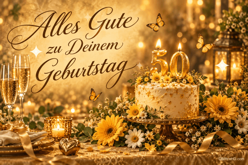Torte mit brennenden 50-Kerzen, gelbe Blumen und Schmetterlinge mit "Alles Gute zu Deinem Geburtstag". Torte mit brennenden 50-Kerzen, gelbe Blumen und Schmetterlinge mit "Alles Gute zu Deinem Geburtstag".
