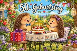 Zwei gezeichnete Igel stoßen im Blumengarten neben einer Geburtstagstorte an; darüber steht "50. Geburtstag".