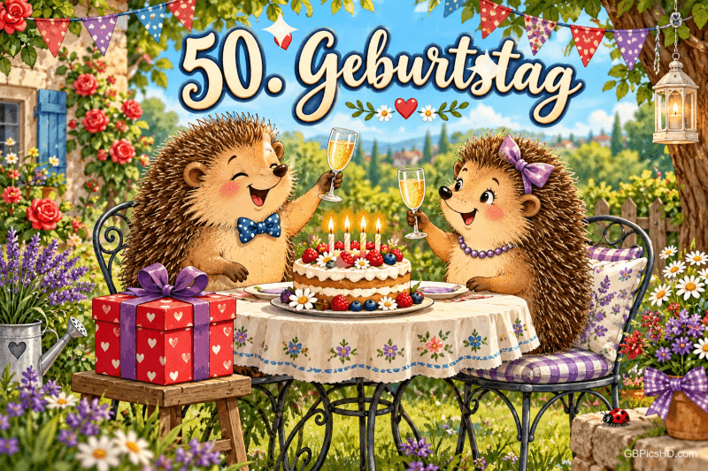 Zwei gezeichnete Igel stoßen im Blumengarten neben einer Geburtstagstorte an; darüber steht "50. Geburtstag".