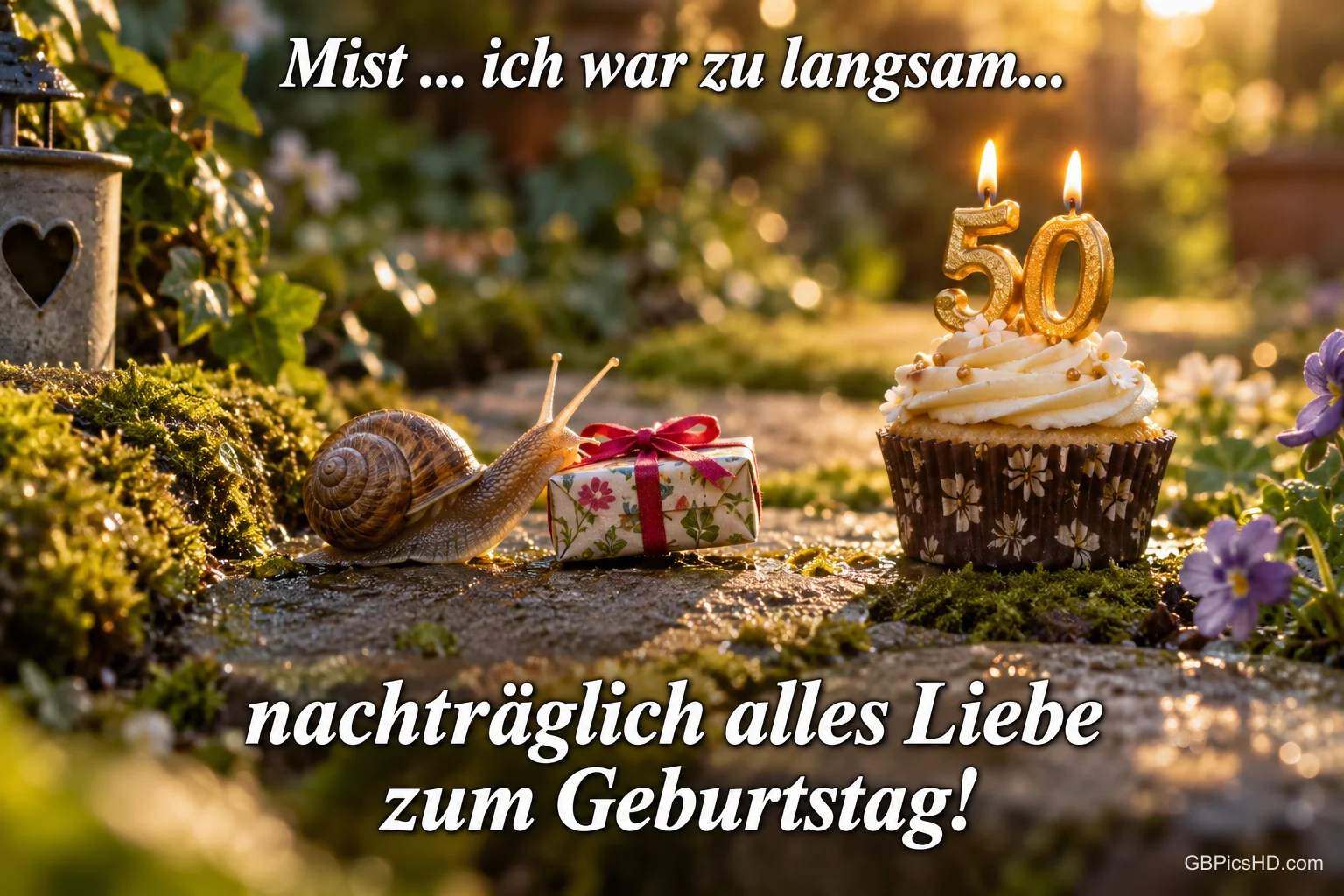 Schnecke, Geschenk und Muffin mit 50-Kerzen: "Mist ... ich war zu langsam... nachträglich alles Liebe zum Geburtstag!". Schnecke, Geschenk und Muffin mit 50-Kerzen: "Mist ... ich war zu langsam... nachträglich alles Liebe zum Geburtstag!".