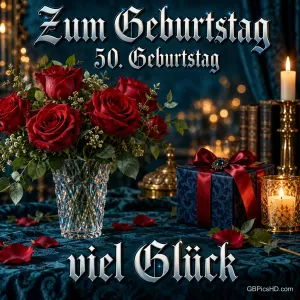 Rote Rosen in einer Kristallvase, Geschenk und Kerzen auf dunklem Stoff mit "Zum Geburtstag 50. Geburtstag viel Glück".