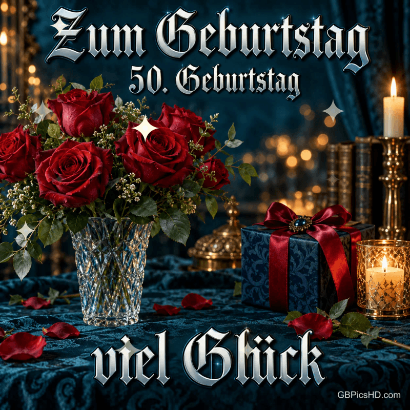 Rote Rosen in einer Kristallvase, Geschenk und Kerzen auf dunklem Stoff mit "Zum Geburtstag 50. Geburtstag viel Glück". Rote Rosen in einer Kristallvase, Geschenk und Kerzen auf dunklem Stoff mit "Zum Geburtstag 50. Geburtstag viel Glück".