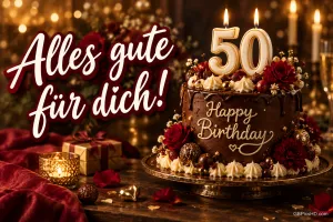 Schokoladentorte mit 50-Kerzen und "Happy Birthday", rote Rosen und Geschenke neben "Alles Gute für dich!".