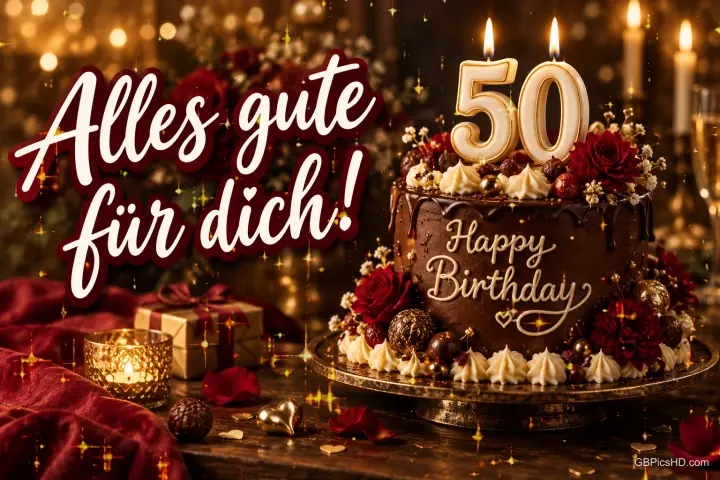 Schokoladentorte mit 50-Kerzen und "Happy Birthday", rote Rosen und Geschenke neben "Alles Gute für dich!".