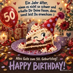Ein freches Tortenstück mit Gesicht und Partyhut steht neben einem roten 50-Ballon unter "Alles Gute zum 50. Geburtstag!" und "HAPPY BIRTHDAY!".