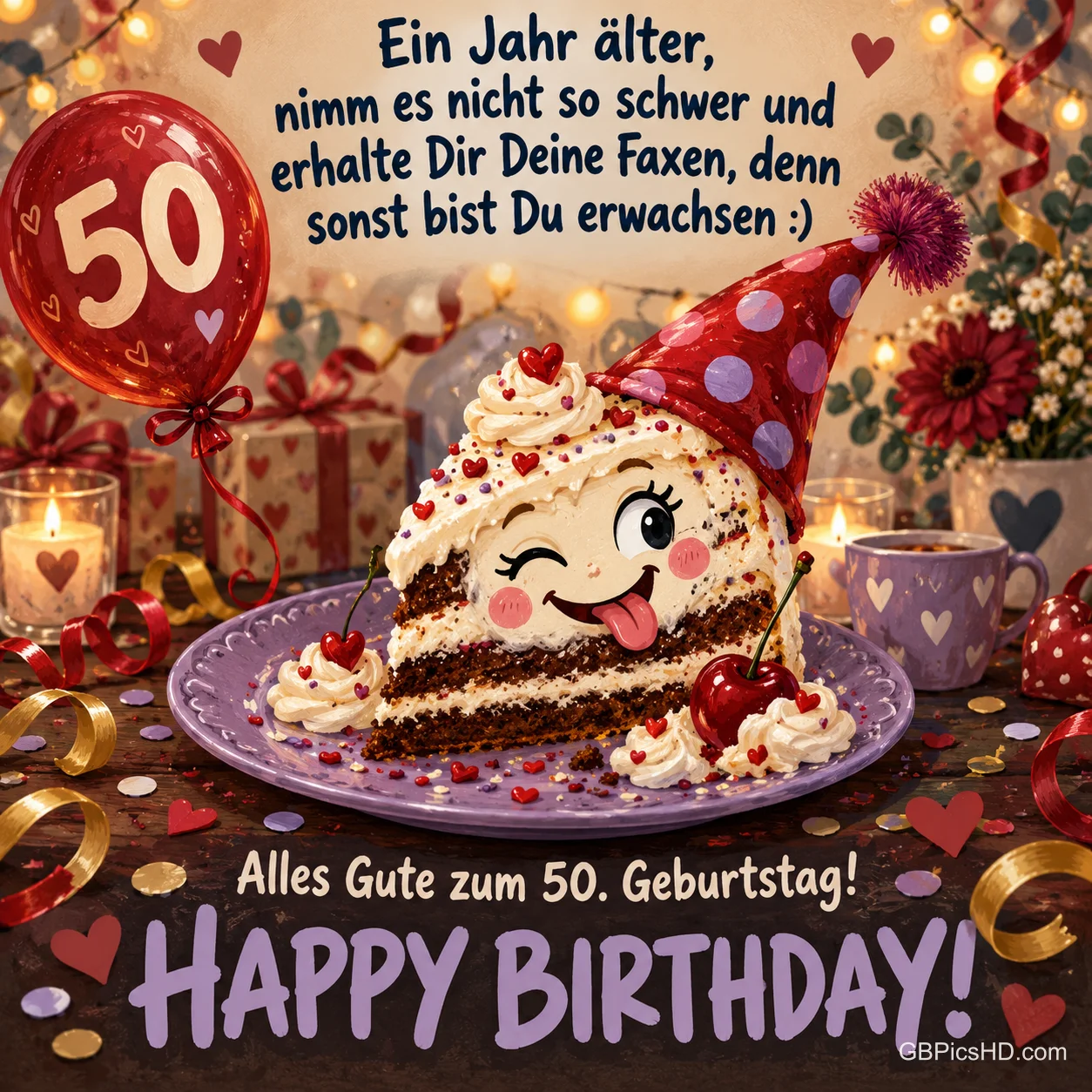 Ein freches Tortenstück mit Gesicht und Partyhut steht neben einem roten 50-Ballon unter "Alles Gute zum 50. Geburtstag!" und "HAPPY BIRTHDAY!".