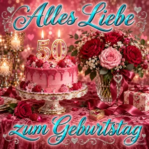 Rosa Torte mit 50-Kerzen, rote und rosa Rosen sowie Geschenke mit dem Gruß "Alles Liebe zum Geburtstag".
