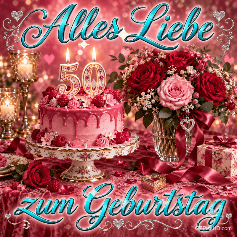 Rosa Torte mit 50-Kerzen, rote und rosa Rosen sowie Geschenke mit dem Gruß "Alles Liebe zum Geburtstag".