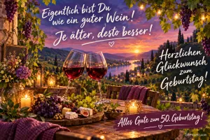 Zwei Rotweingläser, Trauben und Käse vor einer Abendlandschaft mit "Je älter, desto besser!".
