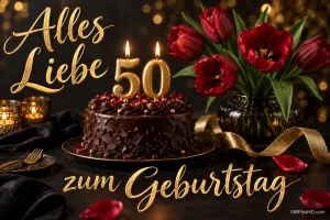 Schokoladentorte mit goldenen 50-Kerzen und roten Tulpen neben dem goldenen Gruß "Alles Liebe zum Geburtstag".