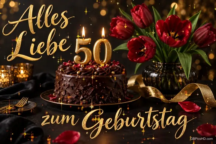 Schokoladentorte mit goldenen 50-Kerzen und roten Tulpen neben dem goldenen Gruß "Alles Liebe zum Geburtstag".