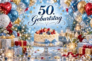Eine Beerentorte mit blauer Schleife steht zwischen bunten Ballons, Geschenken und Sektgläsern unter dem Gruß "50. Geburtstag".