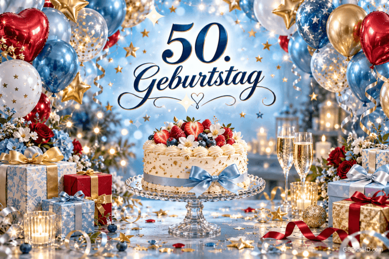 Eine Beerentorte mit blauer Schleife steht zwischen bunten Ballons, Geschenken und Sektgläsern unter dem Gruß "50. Geburtstag".