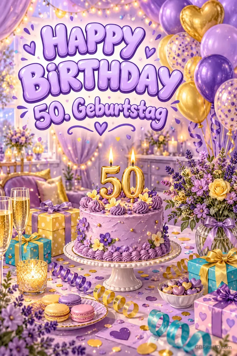 Lila Torte mit 50-Kerzen, Ballons, Blumen und Geschenken unter "Happy Birthday 50. Geburtstag".