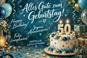 Torte mit 50-Kerzen und türkisfarbenen Blüten, Ballons und mehrsprachigen Grüßen, darunter "Alles Gute zum Geburtstag!".