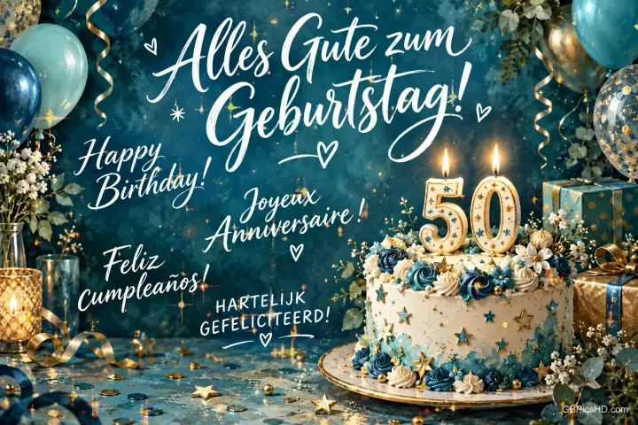 Torte mit 50-Kerzen und türkisfarbenen Blüten, Ballons und mehrsprachigen Grüßen, darunter "Alles Gute zum Geburtstag!". Torte mit 50-Kerzen und türkisfarbenen Blüten, Ballons und mehrsprachigen Grüßen, darunter "Alles Gute zum Geburtstag!".