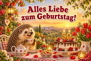 Ein Igel hält eine Teetasse neben einer Torte mit 50-Kerzen und roten Tulpen unter "Alles Liebe zum Geburtstag!".