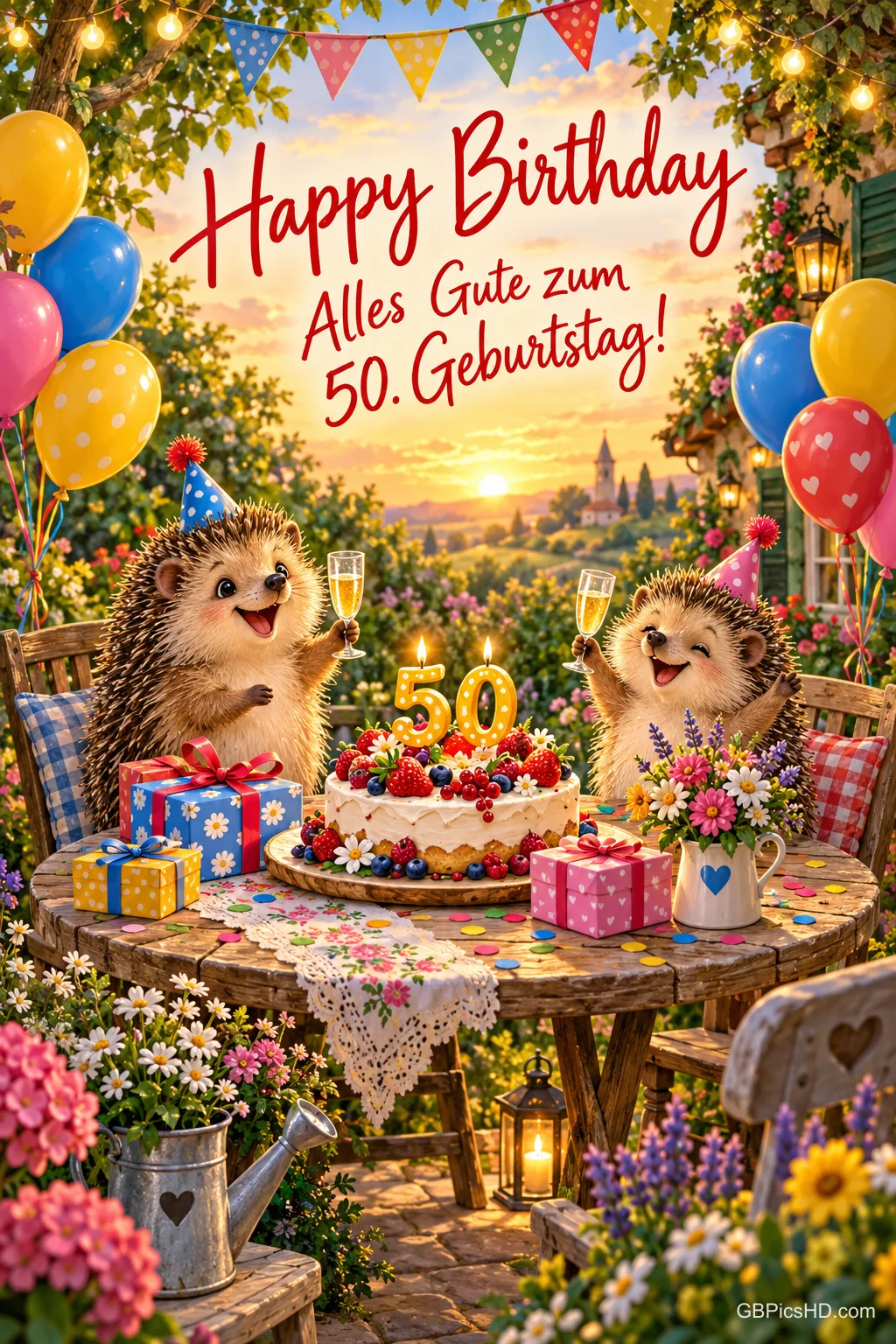 Zwei Igel mit Partyhüten und Sektgläsern feiern an einer Torte unter "Happy Birthday Alles Gute zum 50. Geburtstag!".