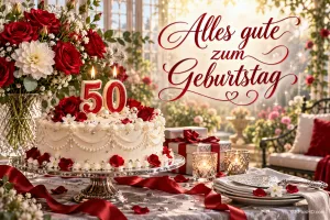 Weiße Torte mit roten 50-Kerzen, Rosen, Geschenken und Kerzengläsern neben "Alles Gute zum Geburtstag".