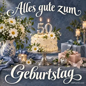 Weiße Blumentorte mit brennenden 50-Kerzen, Geschenke und Margeriten mit "Alles Gute zum Geburtstag".