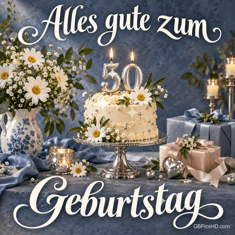 Weiße Blumentorte mit brennenden 50-Kerzen, Geschenke und Margeriten mit "Alles Gute zum Geburtstag".