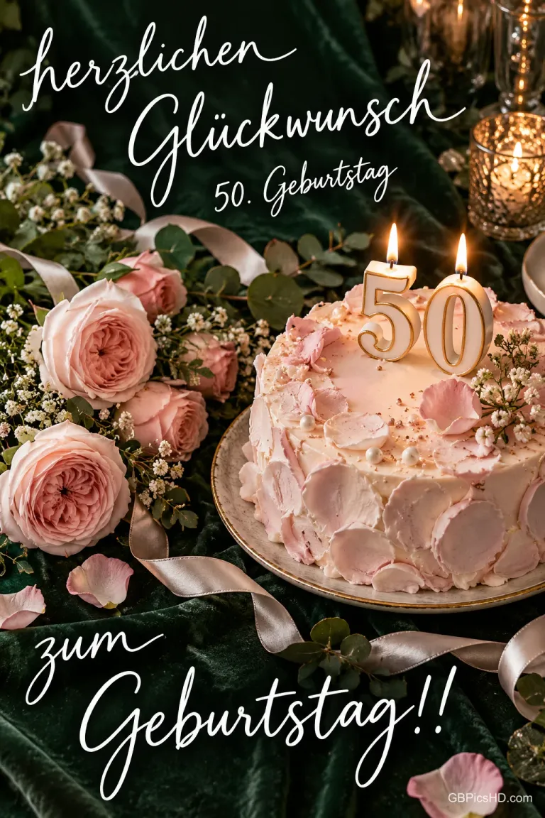 Rosa Torte mit brennenden 50-Kerzen, Rosen und Kerzenlicht mit "Herzlichen Glückwunsch" und "zum Geburtstag!!".