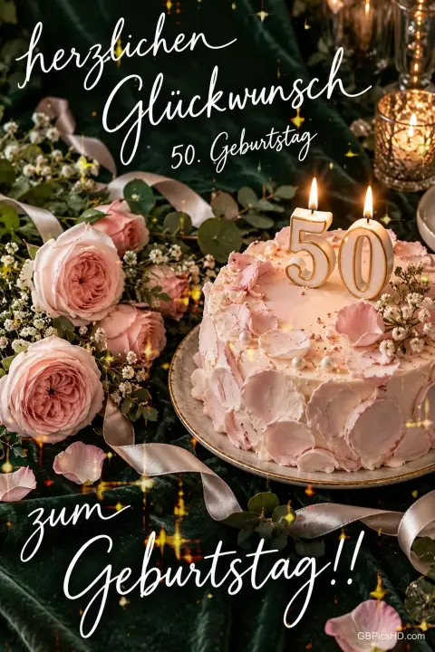 Rosa Torte mit brennenden 50-Kerzen, Rosen und Kerzenlicht mit "Herzlichen Glückwunsch" und "zum Geburtstag!!". Rosa Torte mit brennenden 50-Kerzen, Rosen und Kerzenlicht mit "Herzlichen Glückwunsch" und "zum Geburtstag!!".