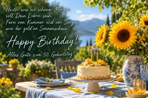 Torte mit zwei Kerzen und Sonnenblumen auf einer Terrasse vor See und Bergen mit "Alles Gute zum 50. Geburtstag!".