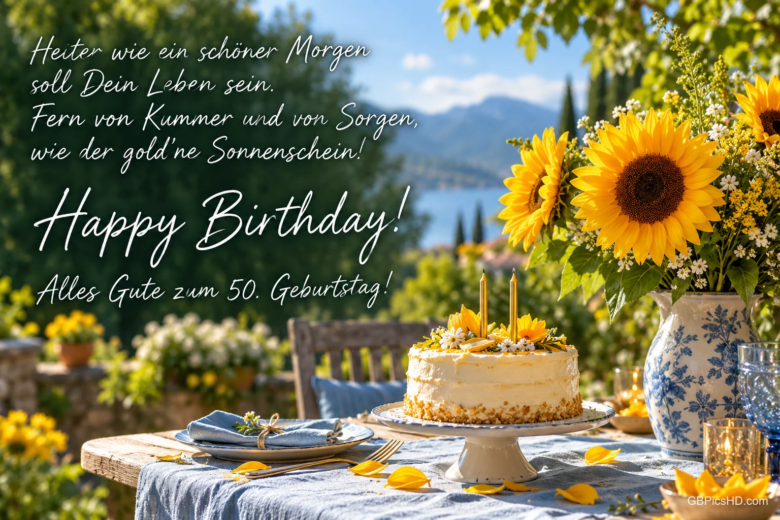 Torte mit zwei Kerzen und Sonnenblumen auf einer Terrasse vor See und Bergen mit "Alles Gute zum 50. Geburtstag!".