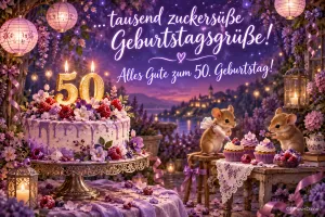 Lila Blumentorte mit 50-Kerzen, zwei Mäuse mit Cupcakes und leuchtende Laternen mit "Alles Gute zum 50. Geburtstag!".