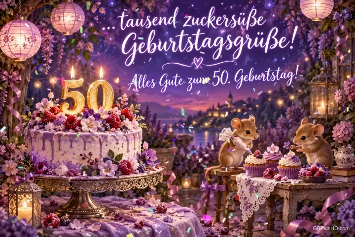 Lila Blumentorte mit 50-Kerzen, zwei Mäuse mit Cupcakes und leuchtende Laternen mit "Alles Gute zum 50. Geburtstag!".
