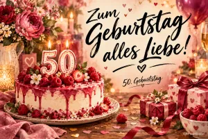 Beerentorte mit brennenden 50-Kerzen, Rosen und rot verpackte Geschenke mit "Zum Geburtstag alles Liebe!".