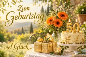 Torte mit goldenen 50-Kerzen, orange Gerbera und ein goldenes Geschenk im Garten mit "Zum Geburtstag viel Glück…".