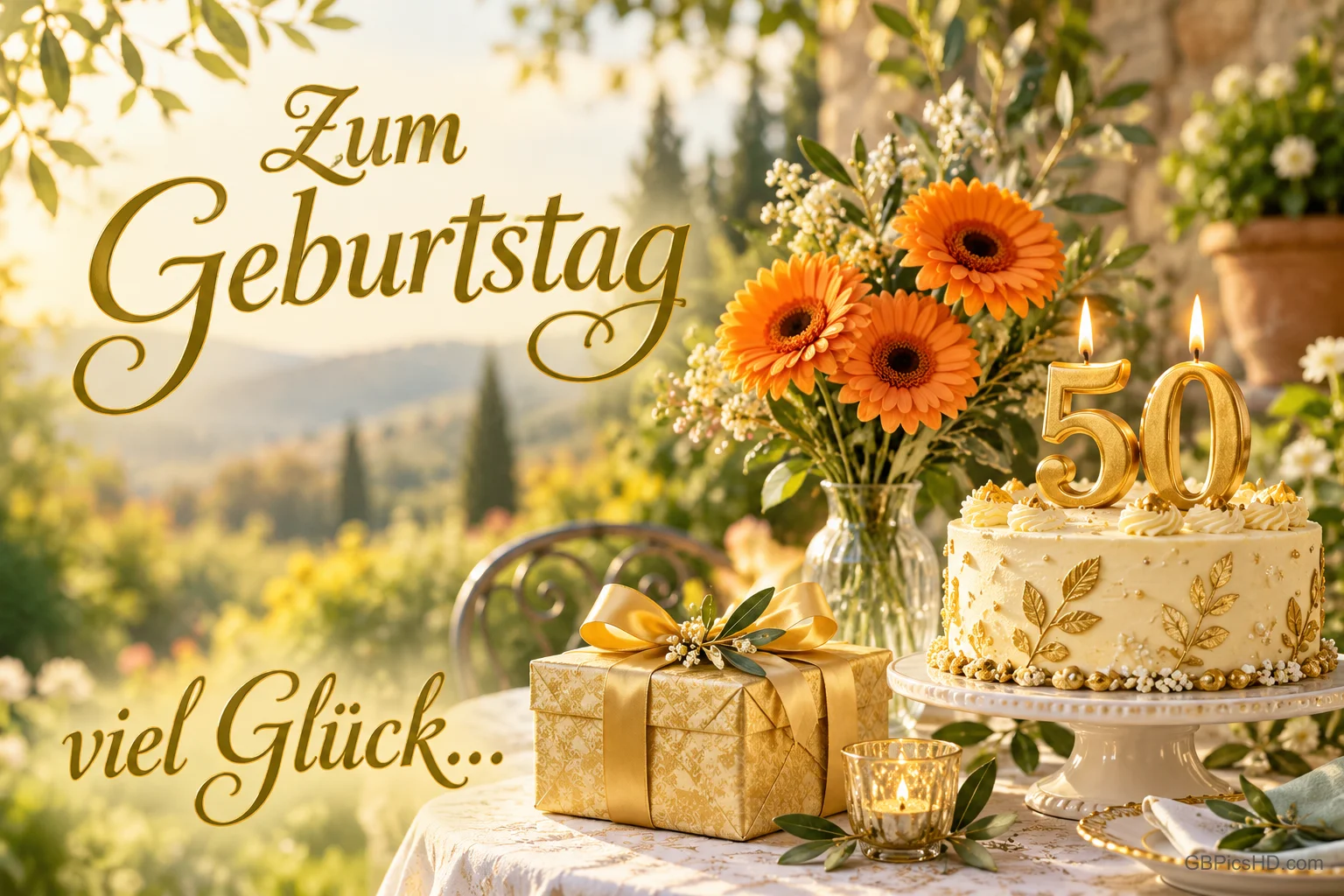Torte mit goldenen 50-Kerzen, orange Gerbera und ein goldenes Geschenk im Garten mit "Zum Geburtstag viel Glück…".