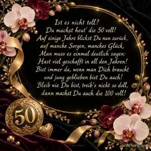 Eine große goldene 50 mit Schmucksteinen über rosa Orchideen vor schwarzem Hintergrund mit "Ist es nicht toll?".