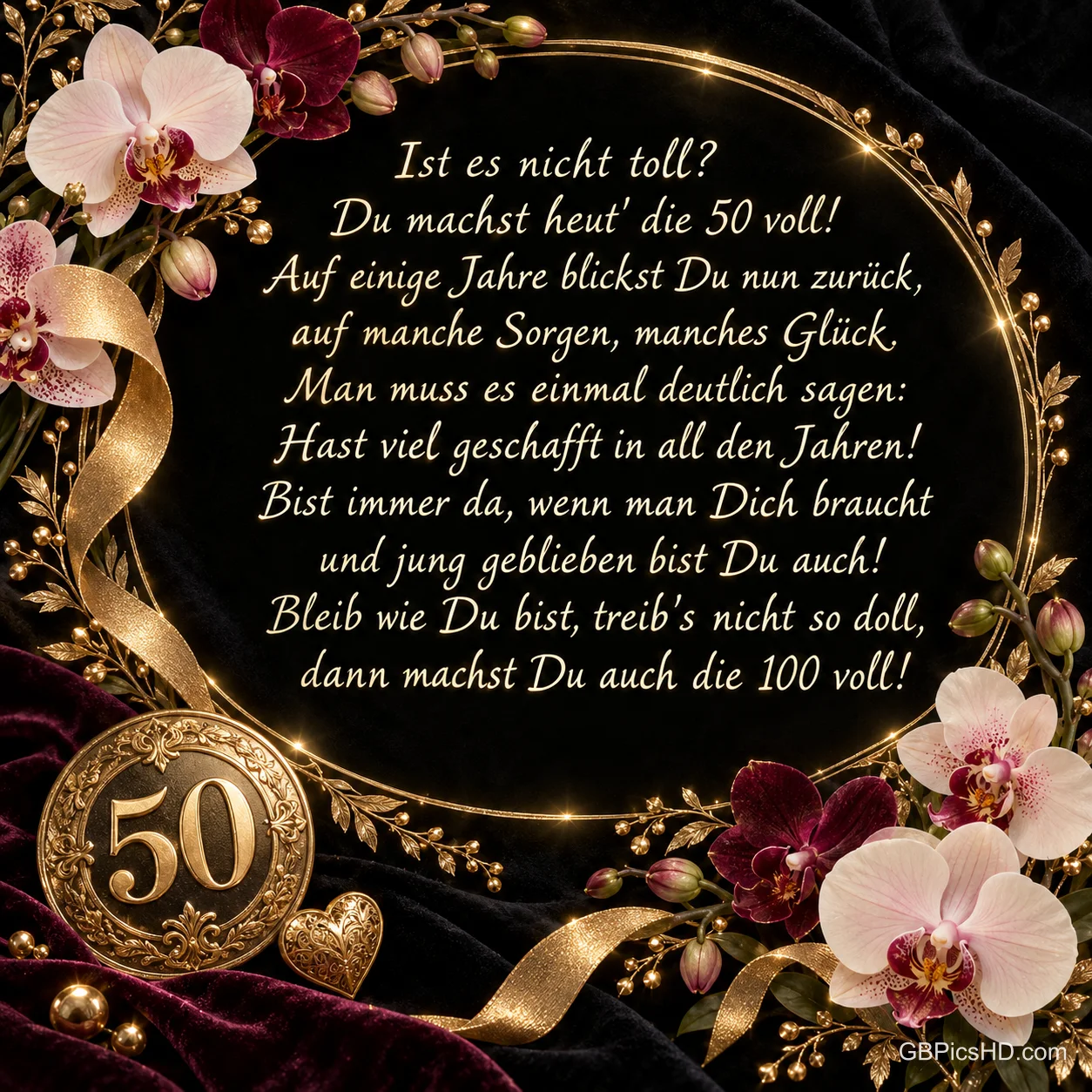 Eine große goldene 50 mit Schmucksteinen über rosa Orchideen vor schwarzem Hintergrund mit "Ist es nicht toll?".