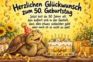 Eine zwinkernde Schildkröte sitzt neben einer Torte vor gelbem Hintergrund mit "Herzlichen Glückwunsch zum 50. Geburtstag".