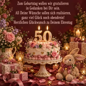 Blumentorte mit 50er-Kerzen, Stoffhase und Geschenken mit dem Gruß "Herzlichen Glückwunsch zu Deinem Ehrentag".