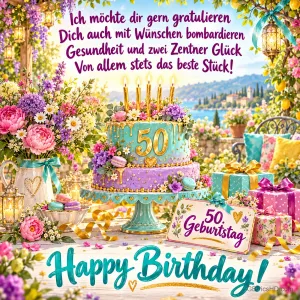 Eine Torte mit einer 50 steht zwischen Blumen und Geschenken auf einer Terrasse mit "Ich möchte dir gern gratulieren" und "Happy Birthday!".