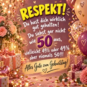 Blumen, Ballons und Geschenke umrahmen "RESPEKT!" und einen humorvollen Spruch über den 50. Geburtstag.
