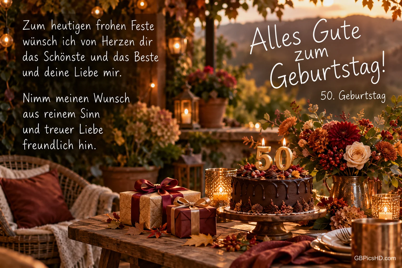 Eine Schokotorte mit 50-Kerzen steht neben Blumen und Geschenken auf einer Terrasse im Abendlicht mit "Alles Gute zum Geburtstag!".