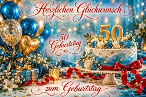 Eine Torte mit goldenen 50-Kerzen steht neben blauen und goldenen Ballons unter "Herzlichen Glückwunsch" und über "zum Geburtstag".